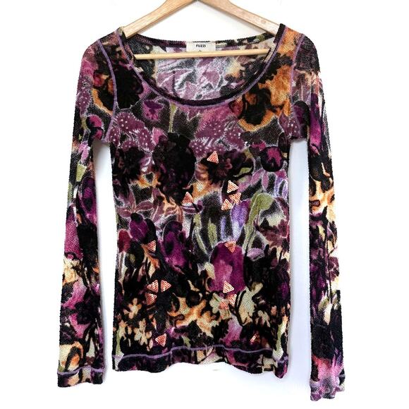 FUZZI Jean Paul Gaultier black purple abstract mesh sequin long sleeve top - Picture 1 of 8